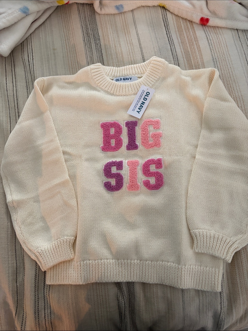 Old Navy Cream Crewneck Sweater with Pink & Purple 'BIG SIS' Appliqué